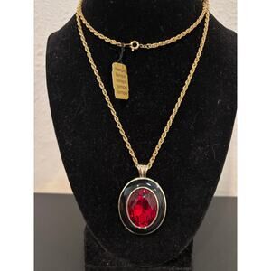 Vintage Goldtone Chunky Pendant Necklace Red Glass Tempo brand New